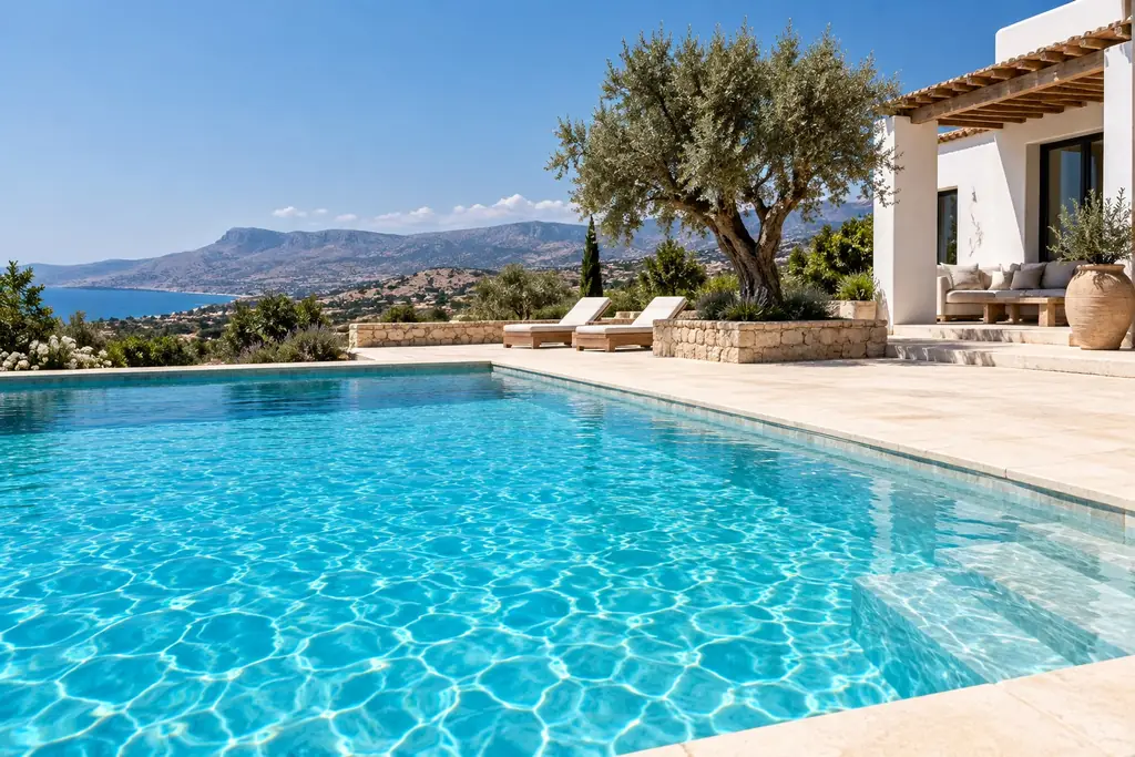 Illustrative Mediterranean swimming pool with sunlit clear water